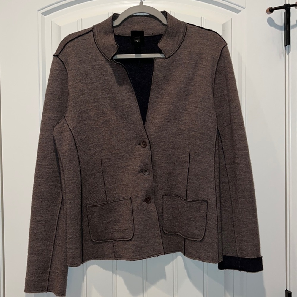 Eileen Fischer merino wool dark taupe sweater jacket button raw edges sz S